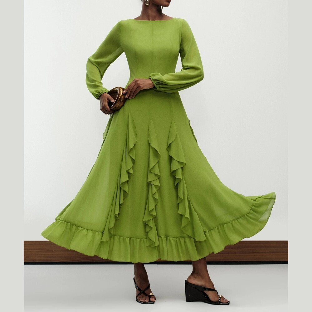 Green Chiffon Ruffle Trim Bishop Sleeve Round Neck Maxi Dress